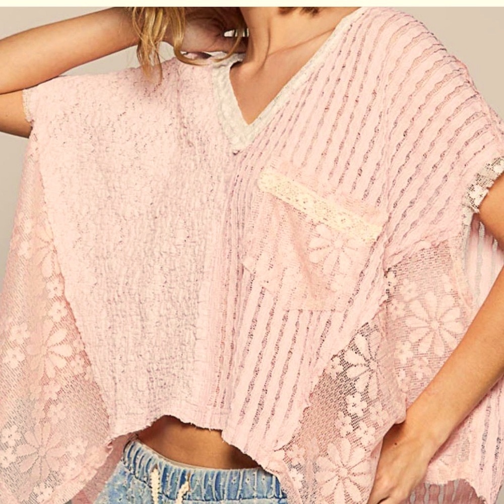 POL Blush Pink Knit & Lace Floral Top- Knit & Lace Mix Floral NEW Large Boutique - Picture 3 of 6